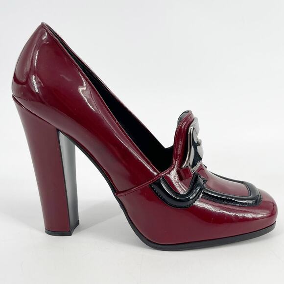 Prada Fall 2010 Burgundy Patent Leather Loafer Square Toe Block Heels IT 39.5 - Picture 2 of 16